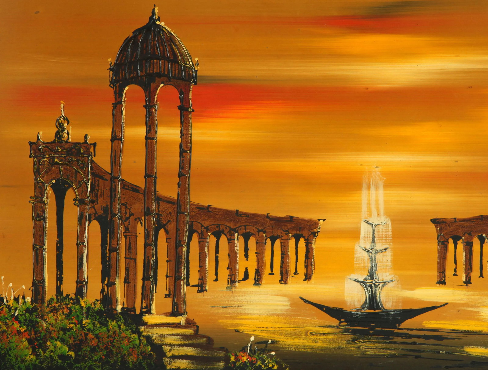 Vintage Mid Century Surrealist Parthenon & Fountain Acrylic Painting - 5