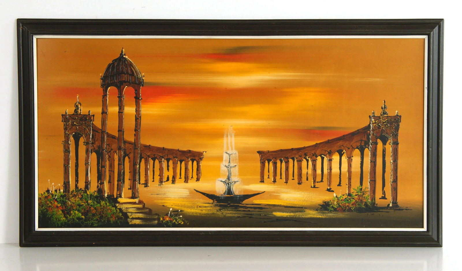 Vintage Mid Century Surrealist Parthenon & Fountain Acrylic Painting - 8