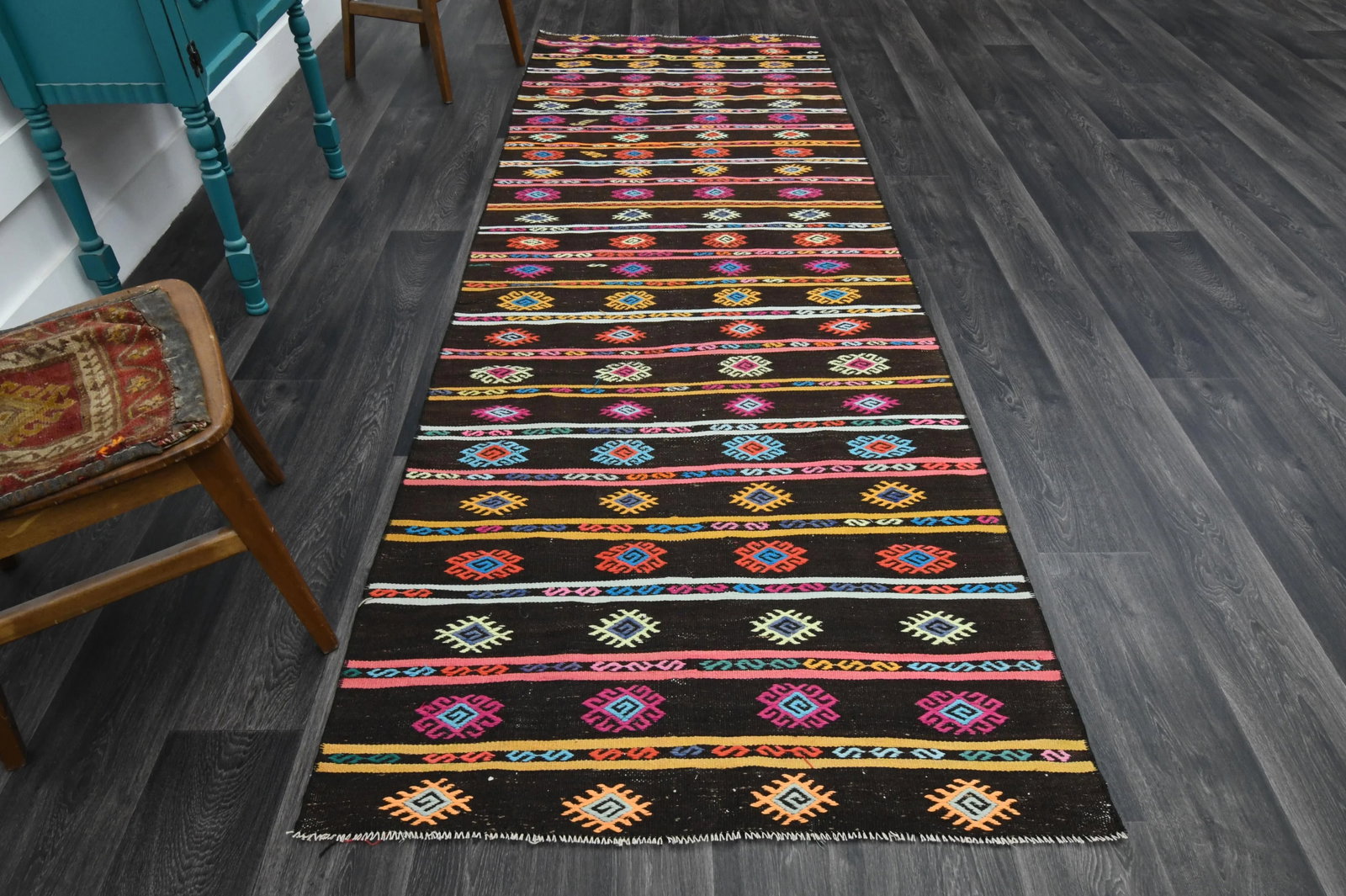 1970s Vintage Turkish Oushak Handmade Wool Cotton Brown Runner Rug - 2