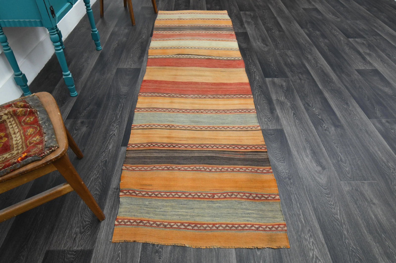 1970s Vintage Turkish Oushak Handmade Wool Cotton Orange Runner Rug - 2