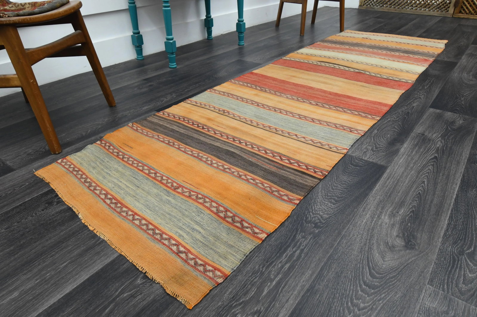 1970s Vintage Turkish Oushak Handmade Wool Cotton Orange Runner Rug - 4
