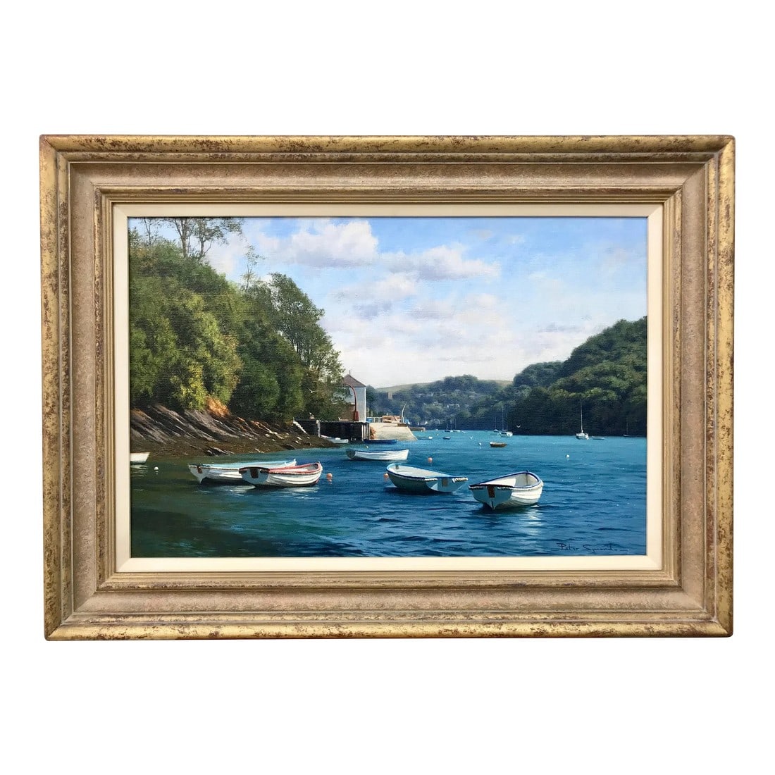 Oil Painting of Boats on River Yealm Devon England by British Landscape Artist: Moorings, River Yealm, Devon, England by British Painter Peter Symonds Art measures 24 x 16 inches Frame measures 30 x 22 inches Peter Symonds is an artist whose love for the great outdoors clearly