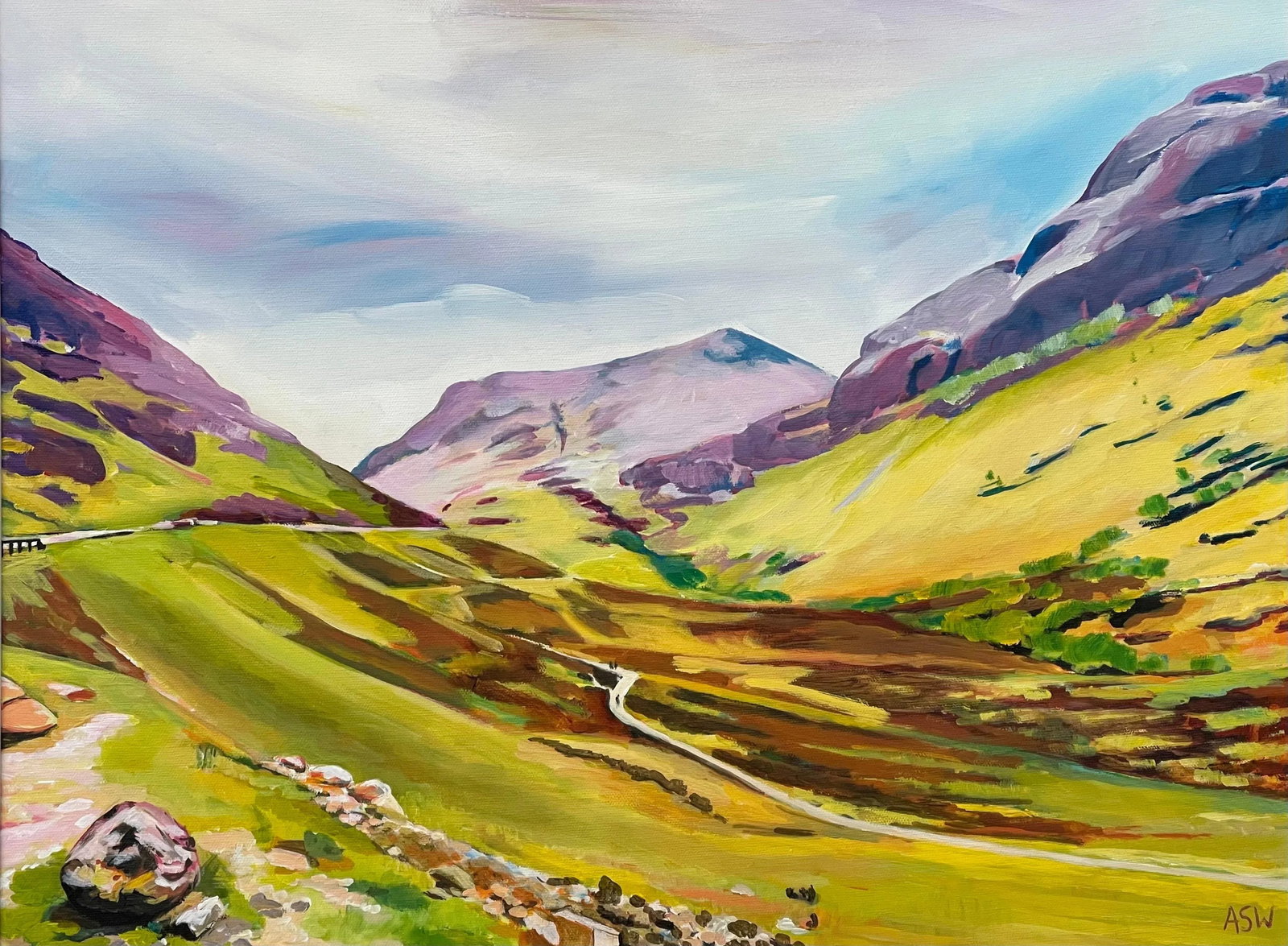 Colourful Green & Purple Abstract Landscape Painting of the Scottish Highlands by Contemporary Artis - 9