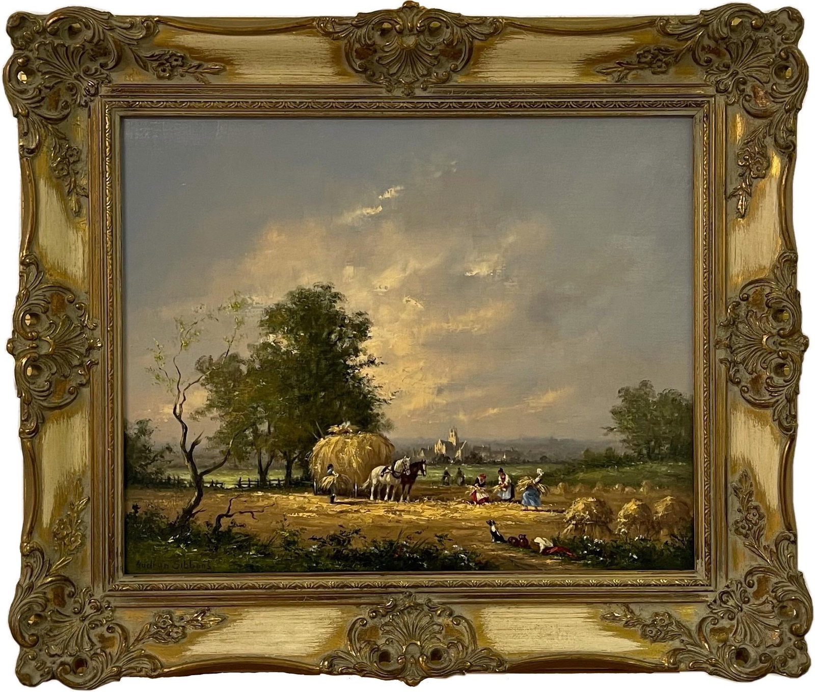 Gudrun Sibbons, Oil Painting of Country Harvest Scene with Horses & Figures by British Artist, 1960 - 10
