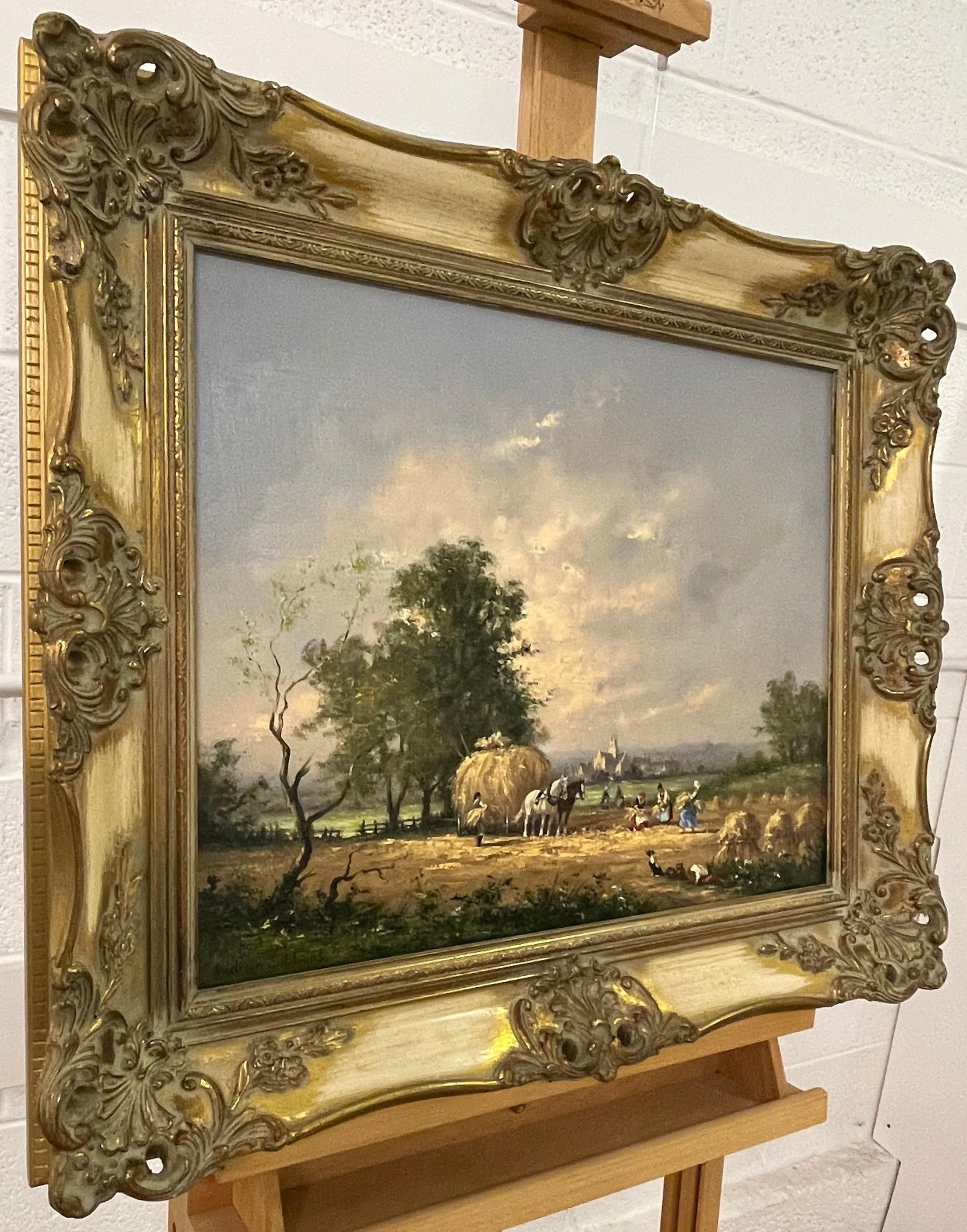 Gudrun Sibbons, Oil Painting of Country Harvest Scene with Horses & Figures by British Artist, 1960 - 2