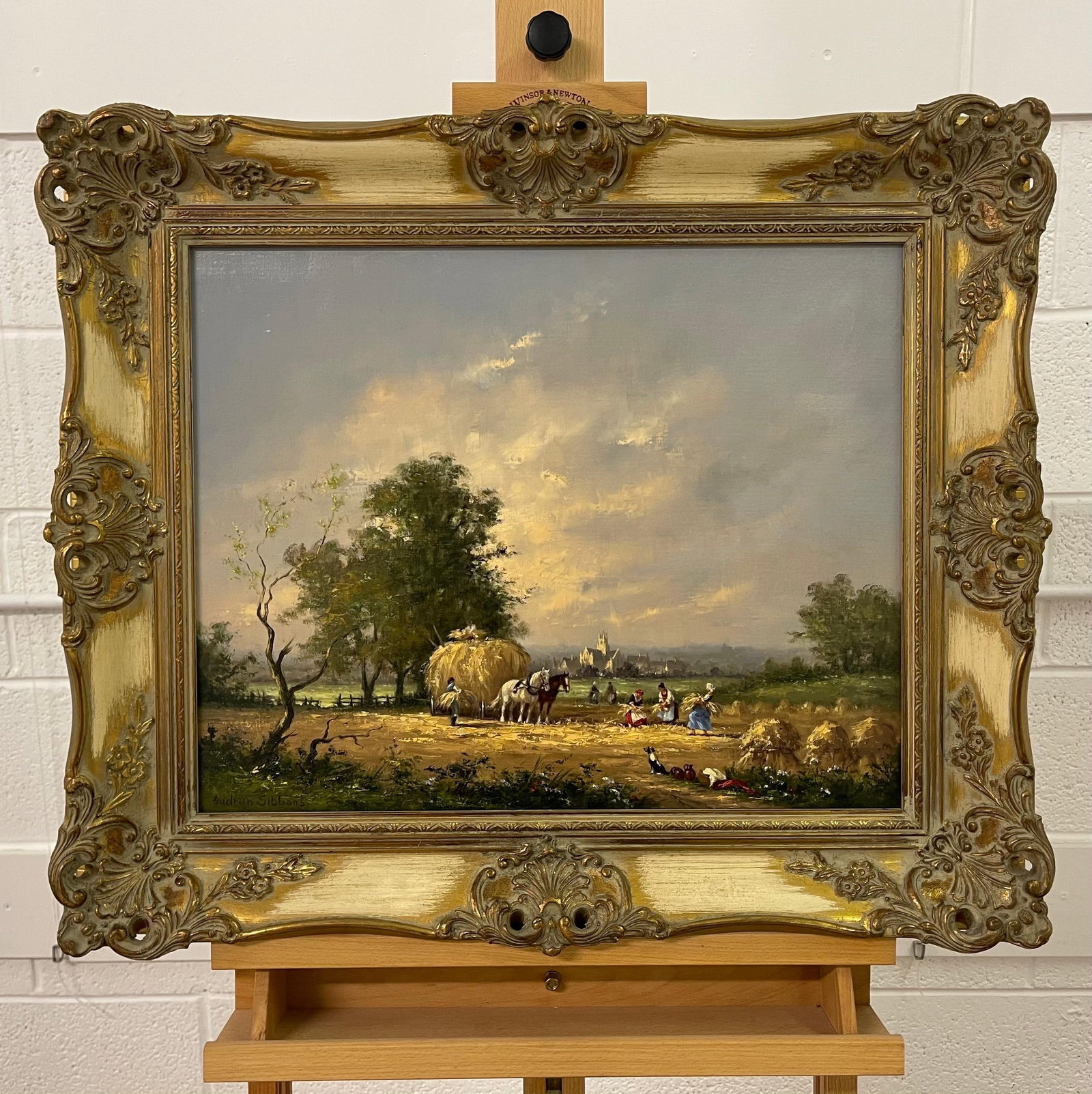 Gudrun Sibbons, Oil Painting of Country Harvest Scene with Horses & Figures by British Artist, 1960 - 3