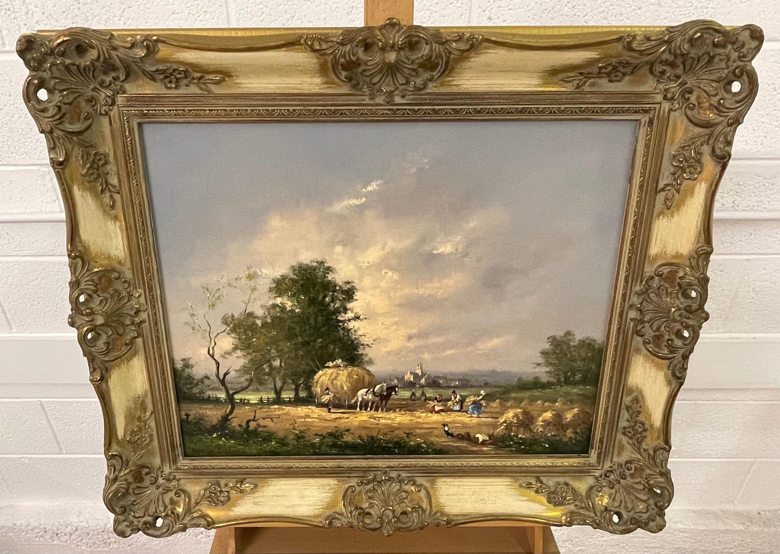 Gudrun Sibbons, Oil Painting of Country Harvest Scene with Horses & Figures by British Artist, 1960 - 4
