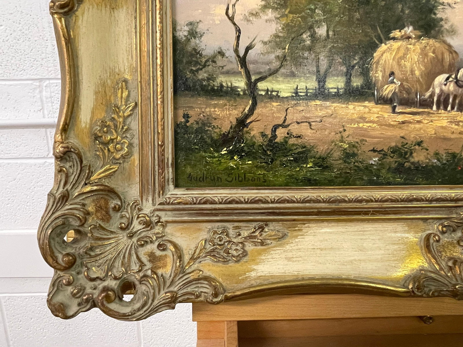Gudrun Sibbons, Oil Painting of Country Harvest Scene with Horses & Figures by British Artist, 1960 - 5