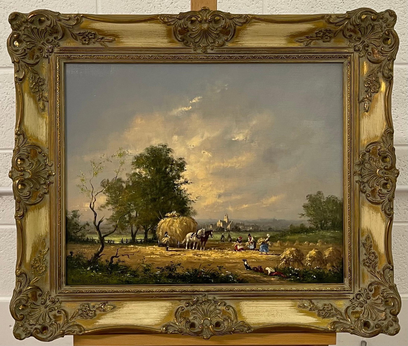 Gudrun Sibbons, Oil Painting of Country Harvest Scene with Horses & Figures by British Artist, 1960 - 9