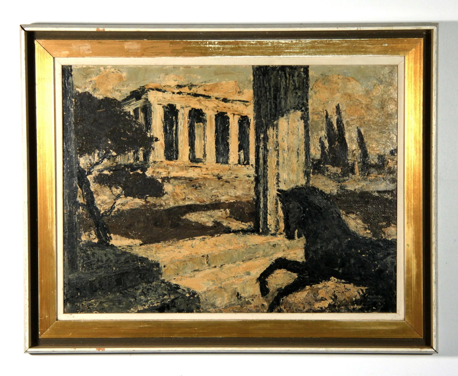 C.1920s Oil on Board Surrealist Painting of Parthenon and a Horse by Norman Kennedy - 13