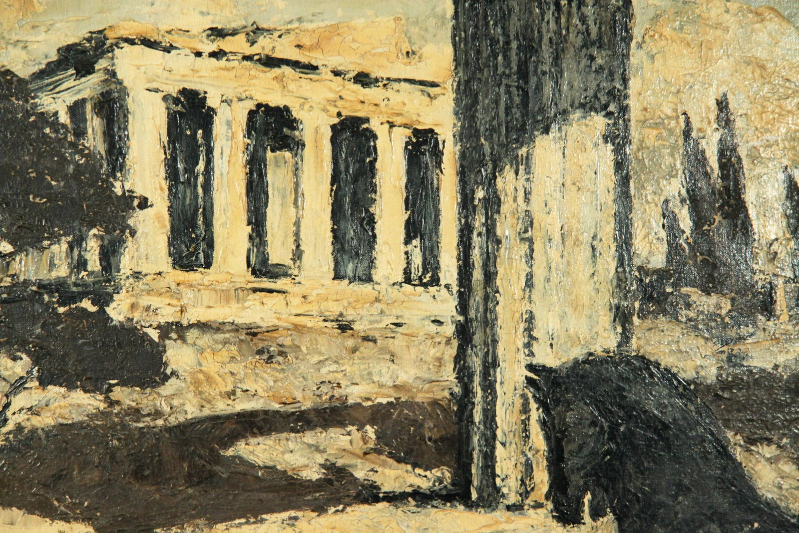 C.1920s Oil on Board Surrealist Painting of Parthenon and a Horse by Norman Kennedy - 4