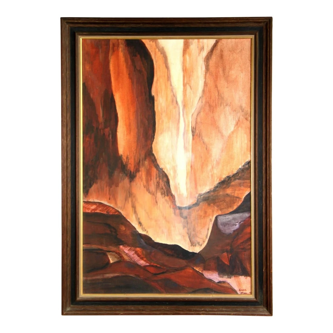 Vintage 1970's Red Rock Canyon Acrylic on Canvas Painting: This vintage 1970's acrylic on canvas painting showcases a breathtaking red rock canyon scene. The rich, bold strokes of the brush capture the rugged beauty of the towering cliffs, while the use of