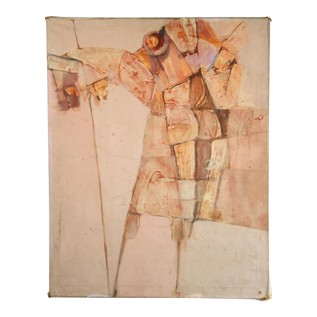 1960's Abstract Expressionist Horse & Rider Acrylic Canvas Painting: This 1960's abstract expressionist acrylic on canvas depicts a horse and rider with a dreamy, peach pink color palette. The bold brushstrokes and loose, gestural lines evoke the energy and movement of
