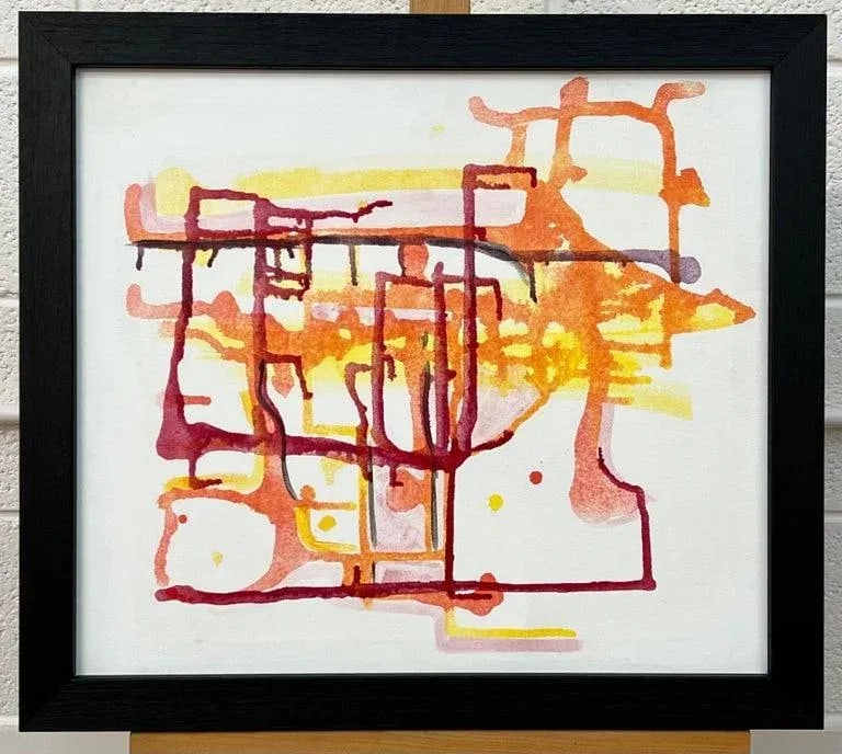 Early Abstract Painting Red Yellow Orange on White Background by British Artist - 12