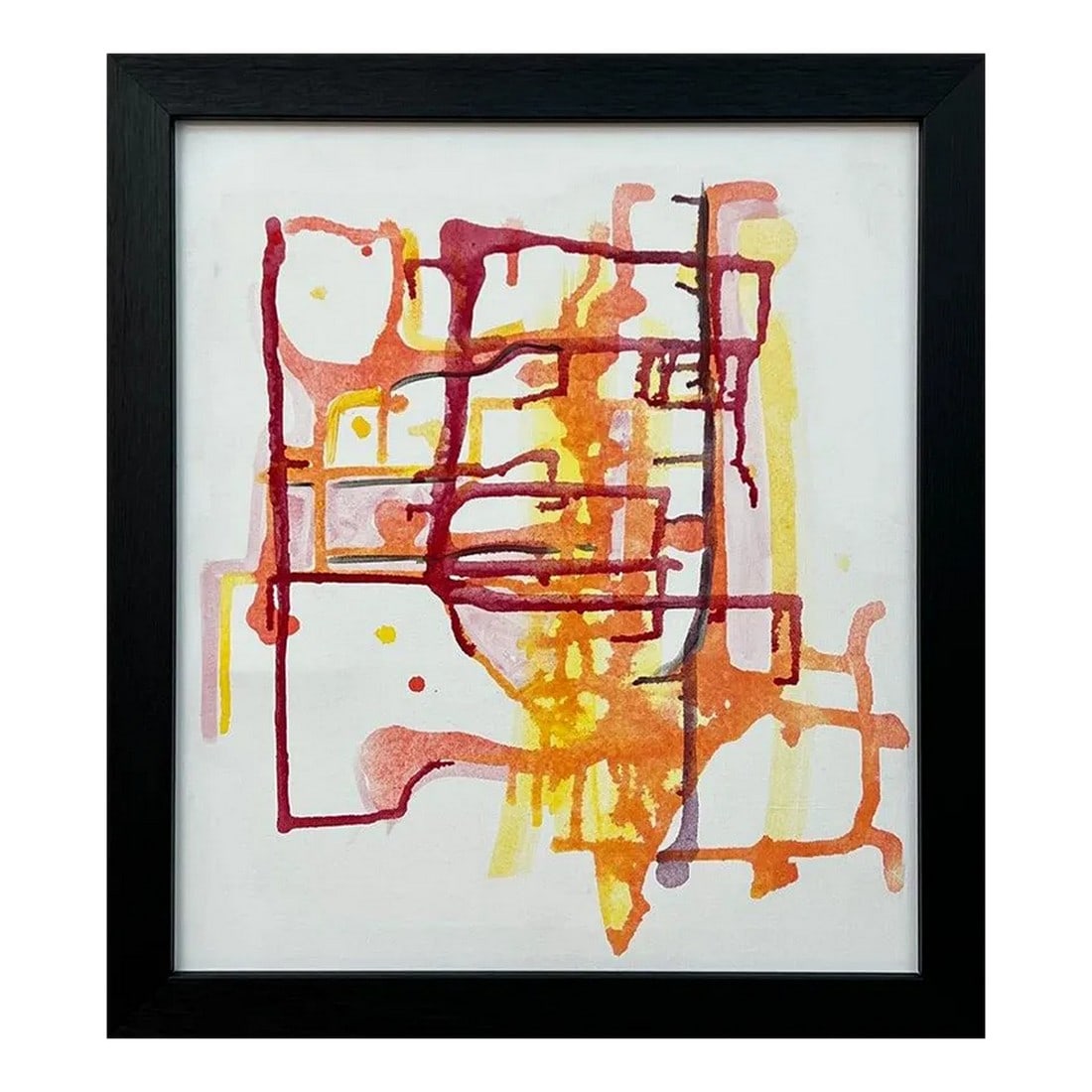 Early Abstract Painting Red Yellow Orange on White Background by British Artist: A rare early career experimental abstract artwork using Red, Yellow & Orange on a White Background, by leading Contemporary British Artist, Angela Wakefield. Art measures 20 x 18 inches Frame