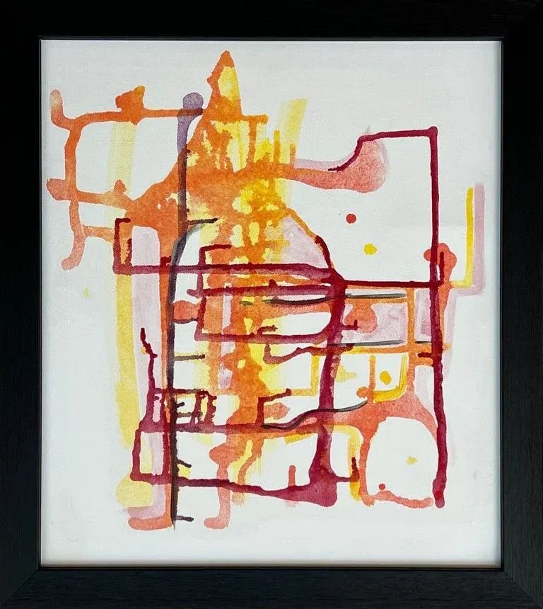 Early Abstract Painting Red Yellow Orange on White Background by British Artist - 3