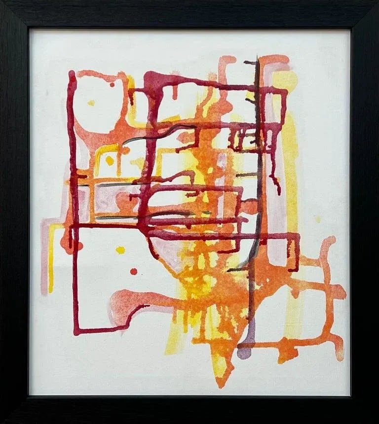 Early Abstract Painting Red Yellow Orange on White Background by British Artist - 4