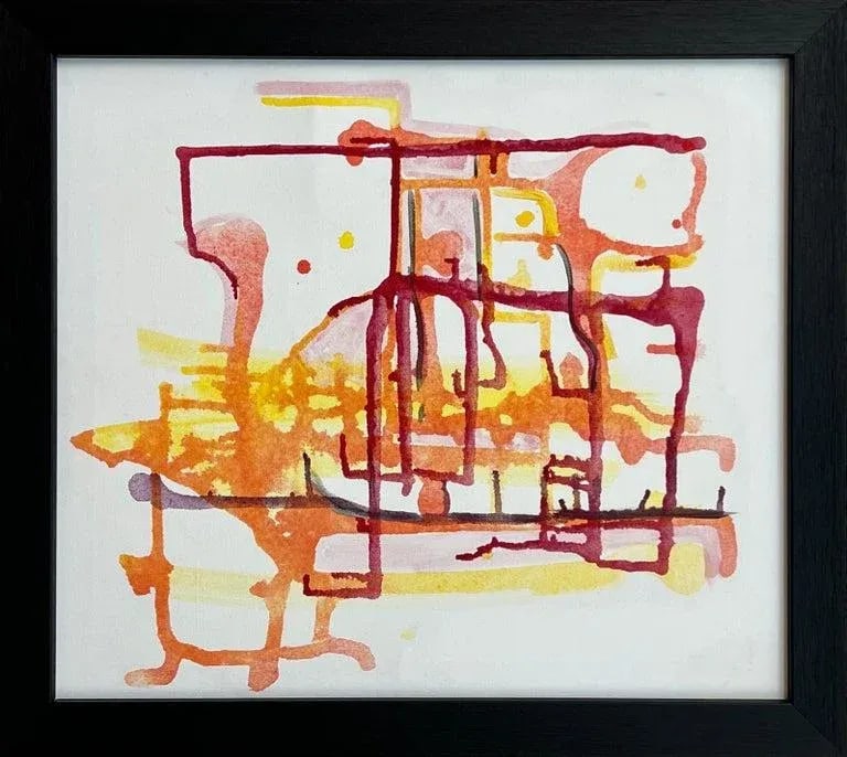 Early Abstract Painting Red Yellow Orange on White Background by British Artist - 5