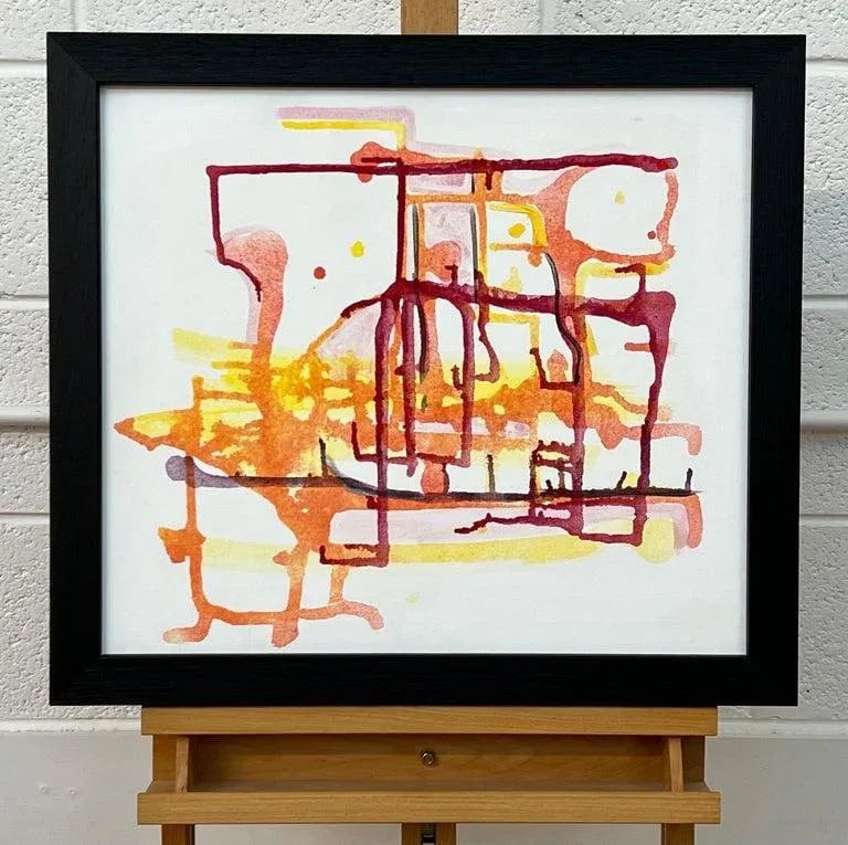 Early Abstract Painting Red Yellow Orange on White Background by British Artist - 8