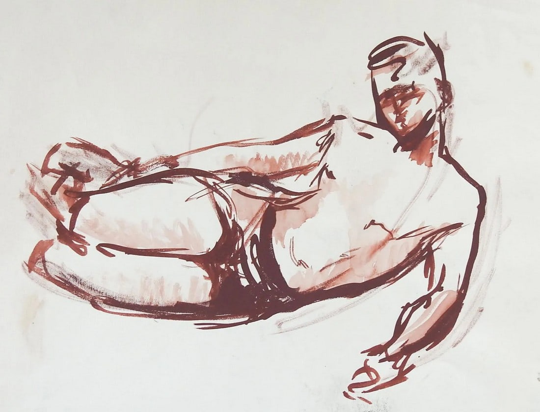 Reclining Sepia Male Figure Study Drawing: Sepia gouache on paper study of reclining male figure. Unsigned. Unframed, some smuding at edges. Condition: Alterations: Original Condition Unaltered Imperfections: Some Imperfections Condition