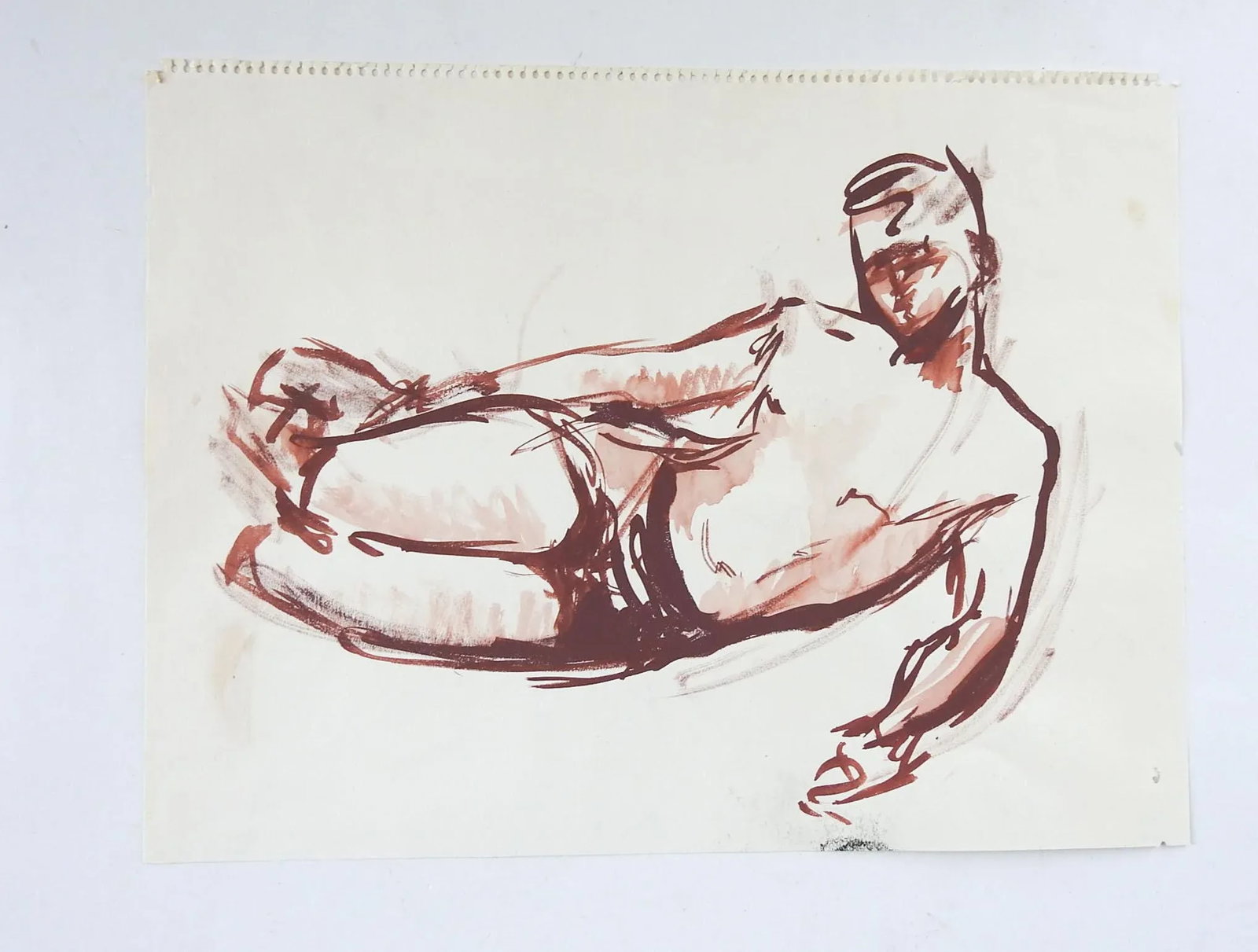Reclining Sepia Male Figure Study Drawing - 2