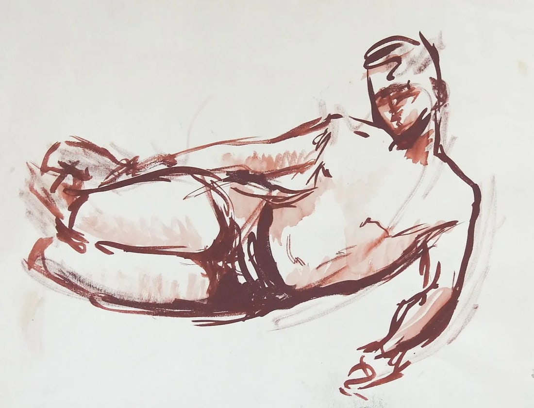 Reclining Sepia Male Figure Study Drawing - 3