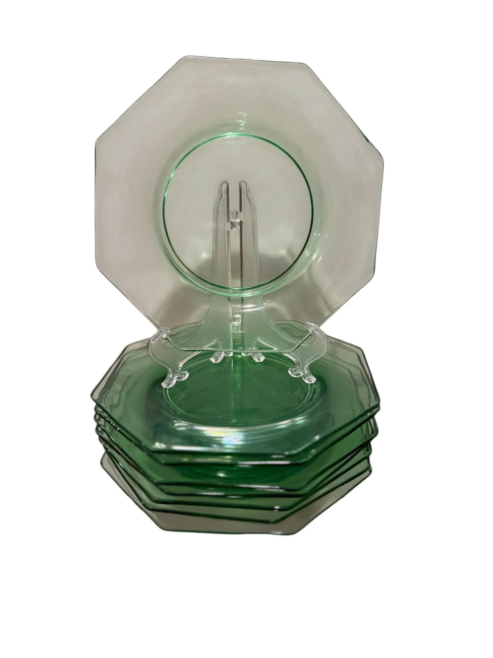 1940s Uranium Green Depression Glass Octagon Salad Dessert Plates- Set of 8 - 2