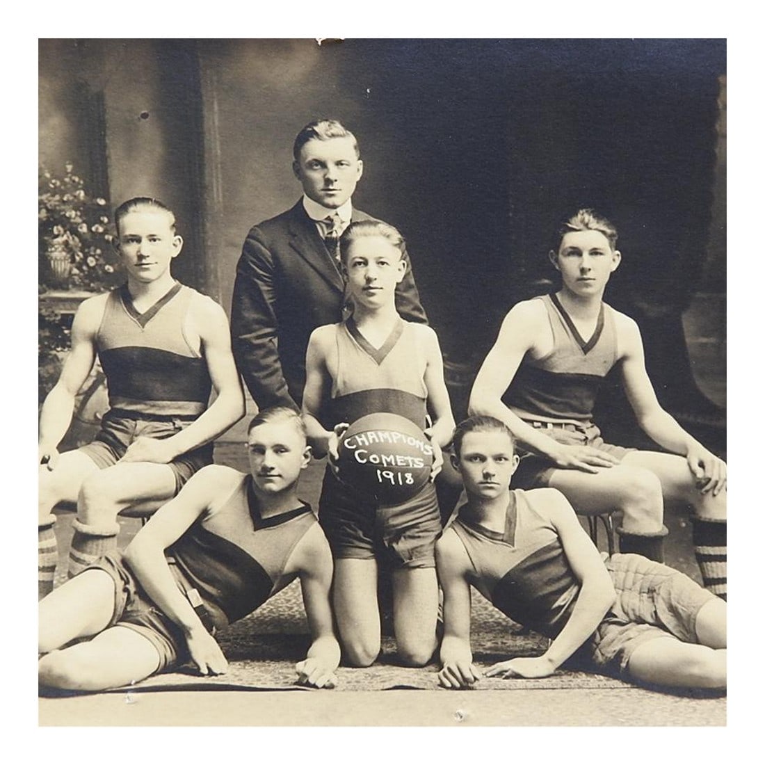 1918 Highschoool Basketball Team Comets Photograph: 1918 silver gelatin photograph real photo postcard of a highschool champion basketball team named the Comets. Don't know from where. Unposted, unframed, age toning, edge wear. Condition: Alterations: