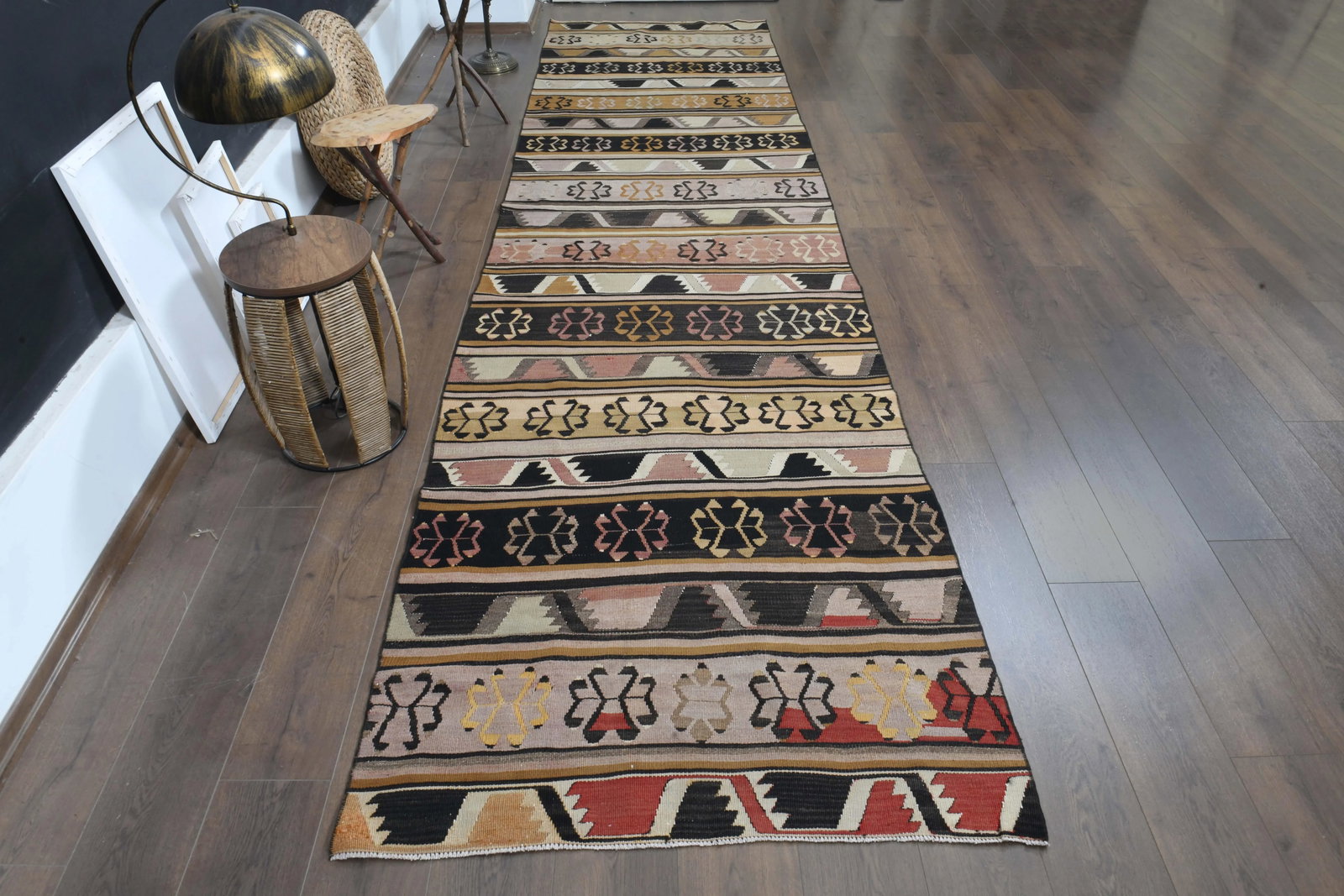 1970s Turkish Oushak Handmade Wool Cotton Brown Kilim Runner Rug - 2
