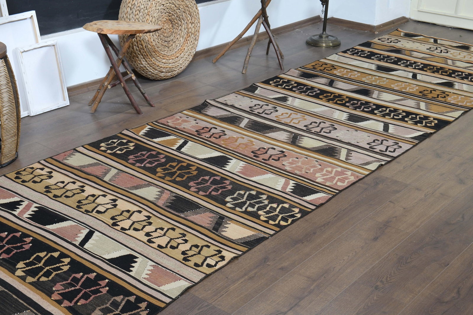 1970s Turkish Oushak Handmade Wool Cotton Brown Kilim Runner Rug - 7