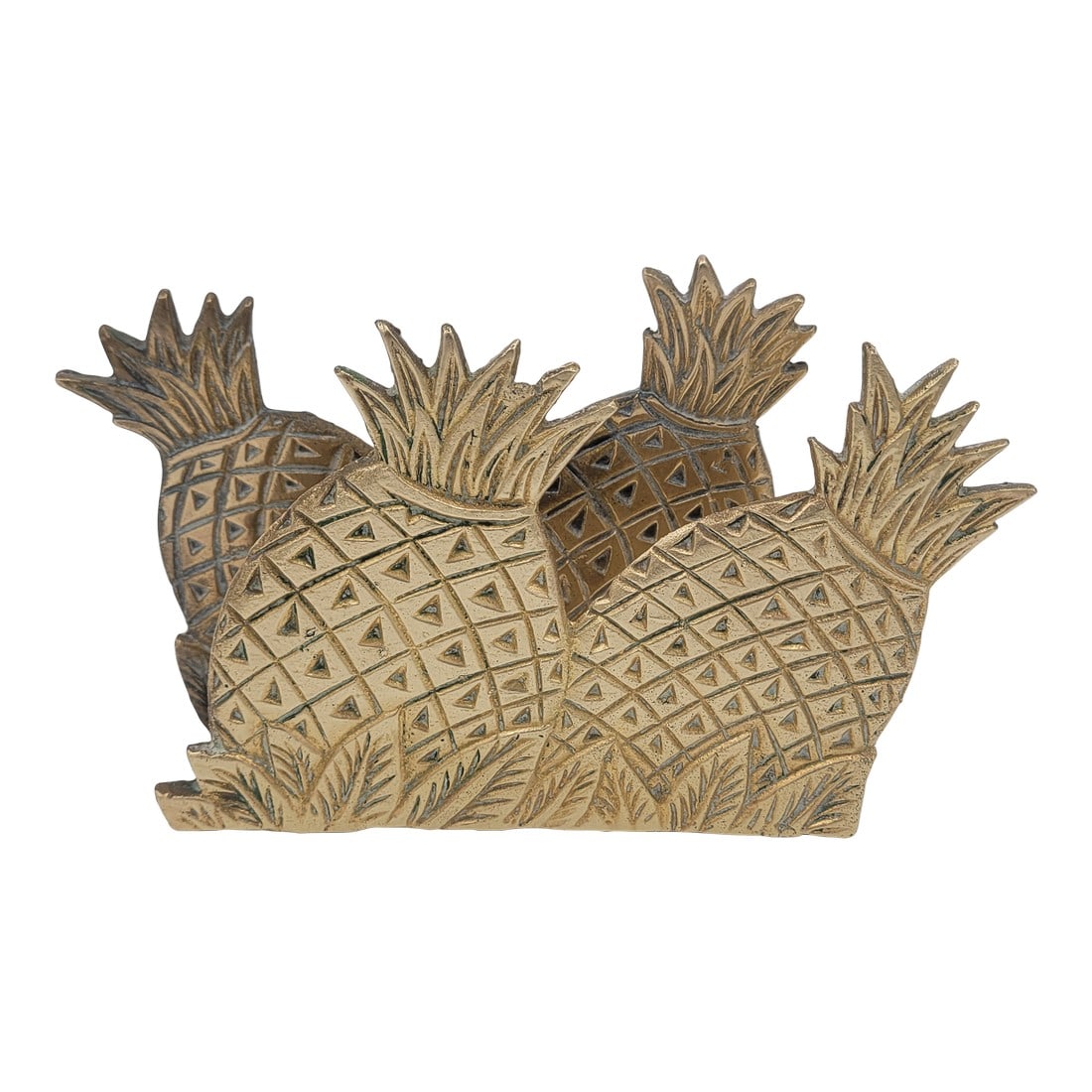 Vintage Hollywood Regency Solid Brass Pineapple Napkin Holder: Add a touch of warmth and classic hospitality to your table or countertop with this charming brass napkin holder. The design features a double-pineapple silhouette on each side with detailed textured