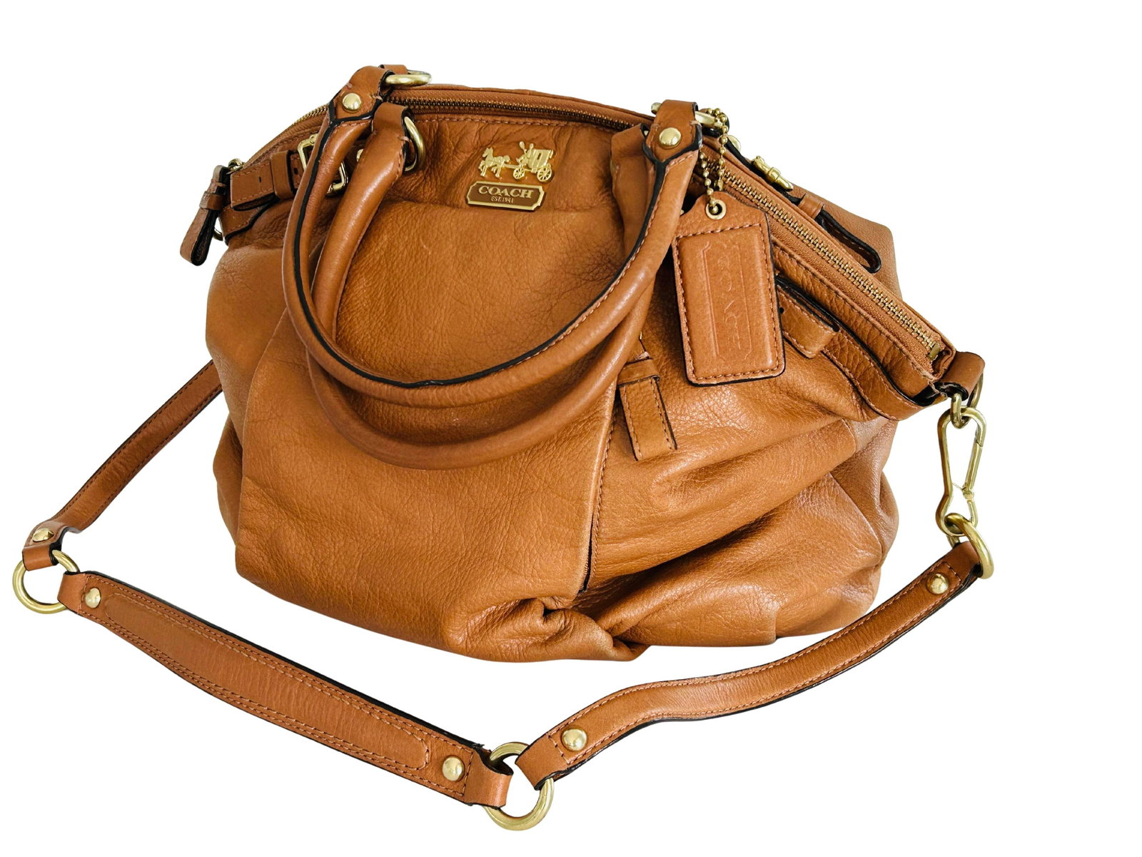 Coach Madison Lindsey Satchel – Luxury Leather Handbag, Pleated Front, Gold Hardware, - 2