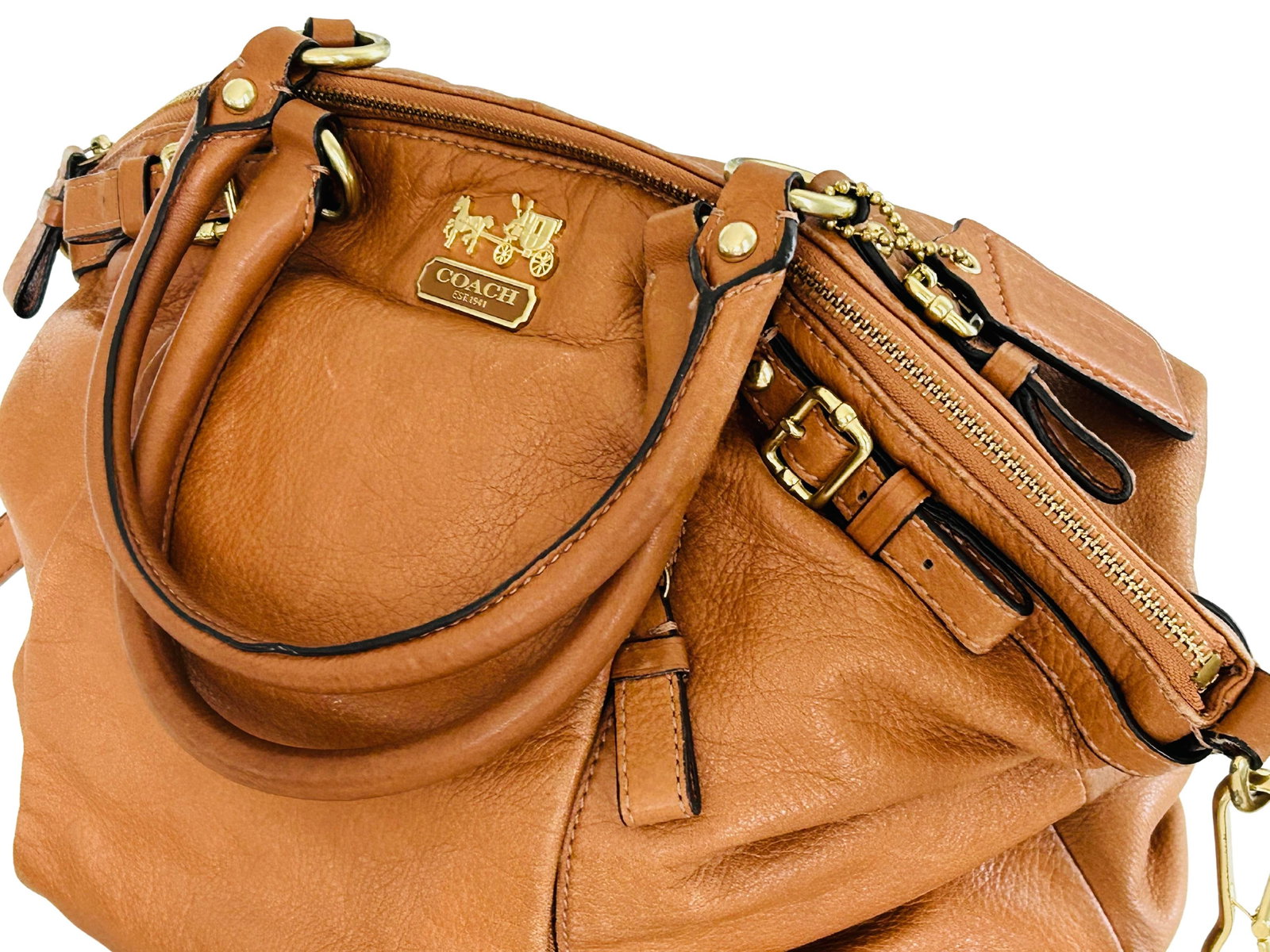 Coach Madison Lindsey Satchel – Luxury Leather Handbag, Pleated Front, Gold Hardware, - 8