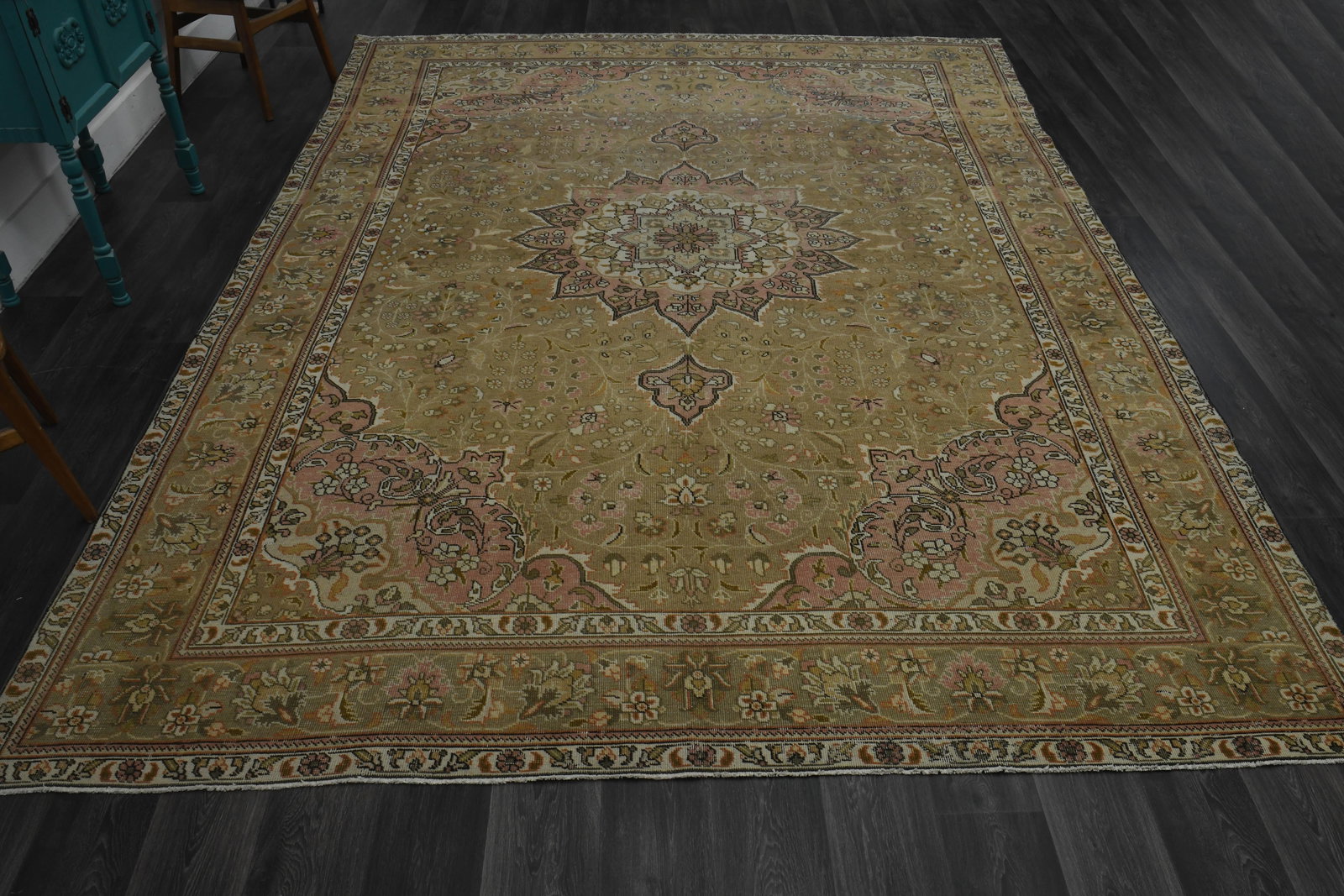 1970s Vintage Persian Handmade Wool Cotton Green Area Rug - 2