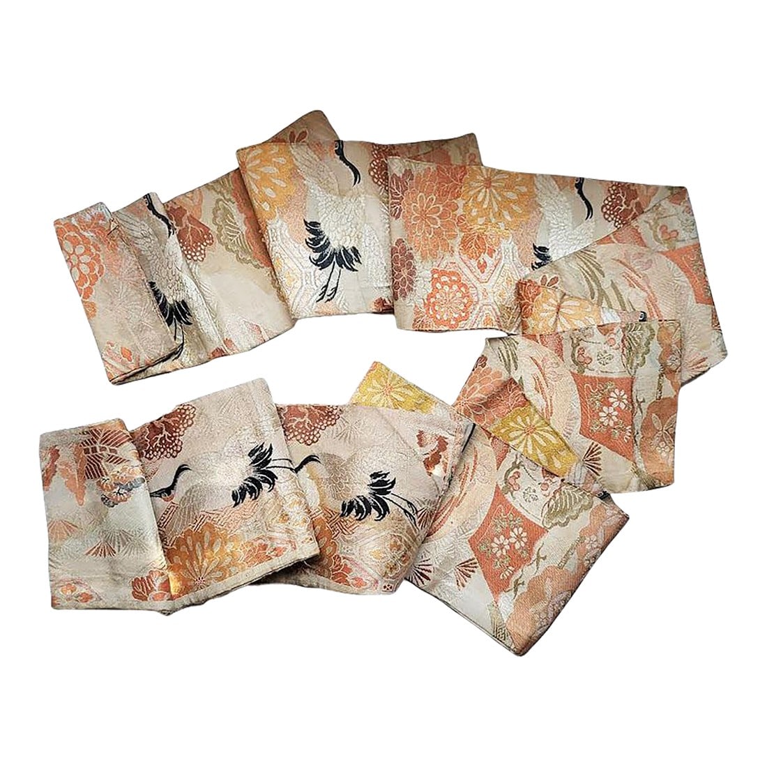 Exquisite Japanese Handmade Silk Obi Cranes Design - Longevity Good Fortune Good Health: Japanese handmade silk Obi featuring Cranes in the design. Measuring 106" x 6.25' Age is unknown & estimated What cranes mean. In traditional Japanese folklore, cranes are known as the "bird of