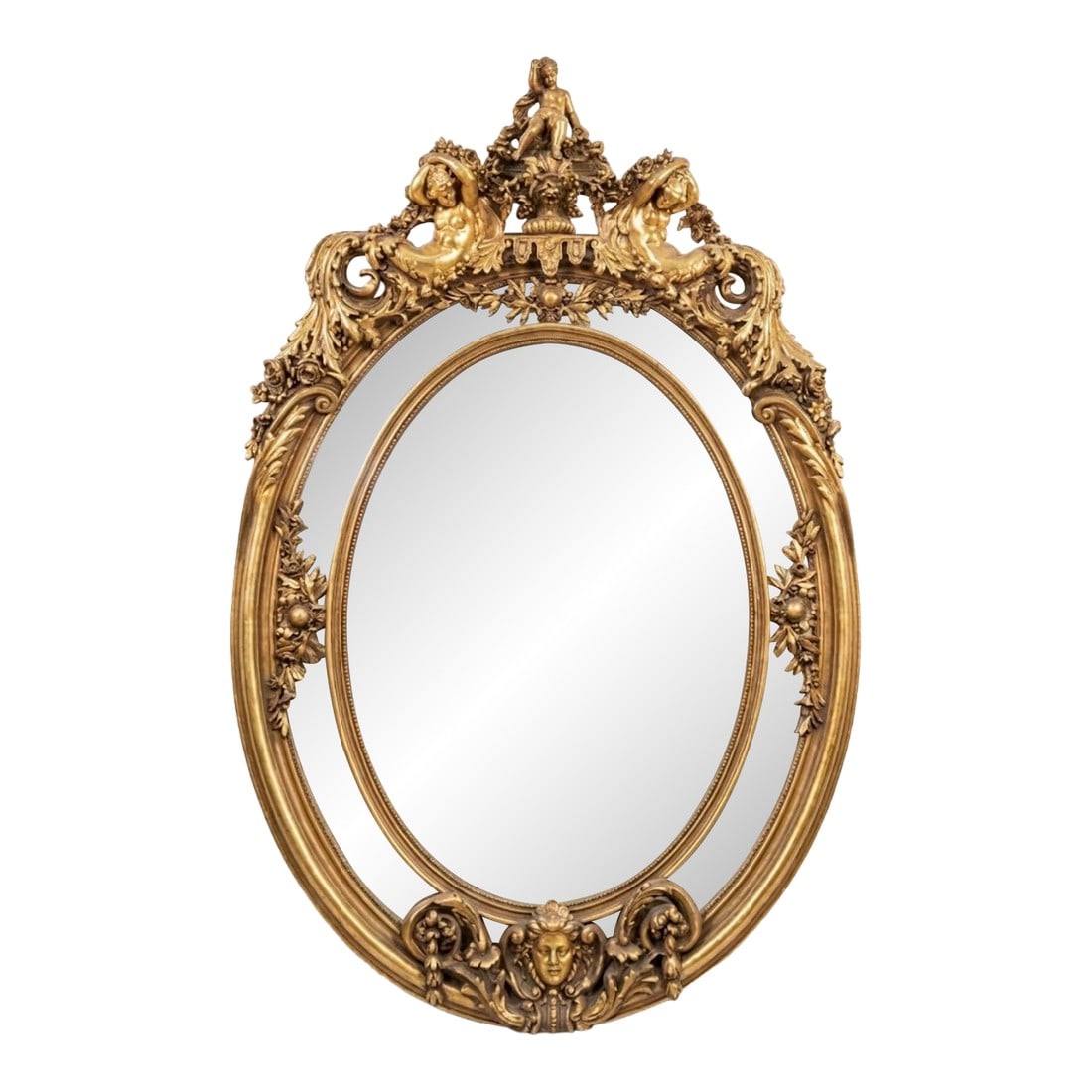 1960s Huge 7 Feet 11 Oval Mirror in Gold Leaf: Beautiful huge oval golf leaf mirror with solid wood back Height 95" 1/2 Width 63" Depth 3" Condition: Alterations: Original Condition Unaltered Imperfections: Some Imperfections Condition Notes: Old
