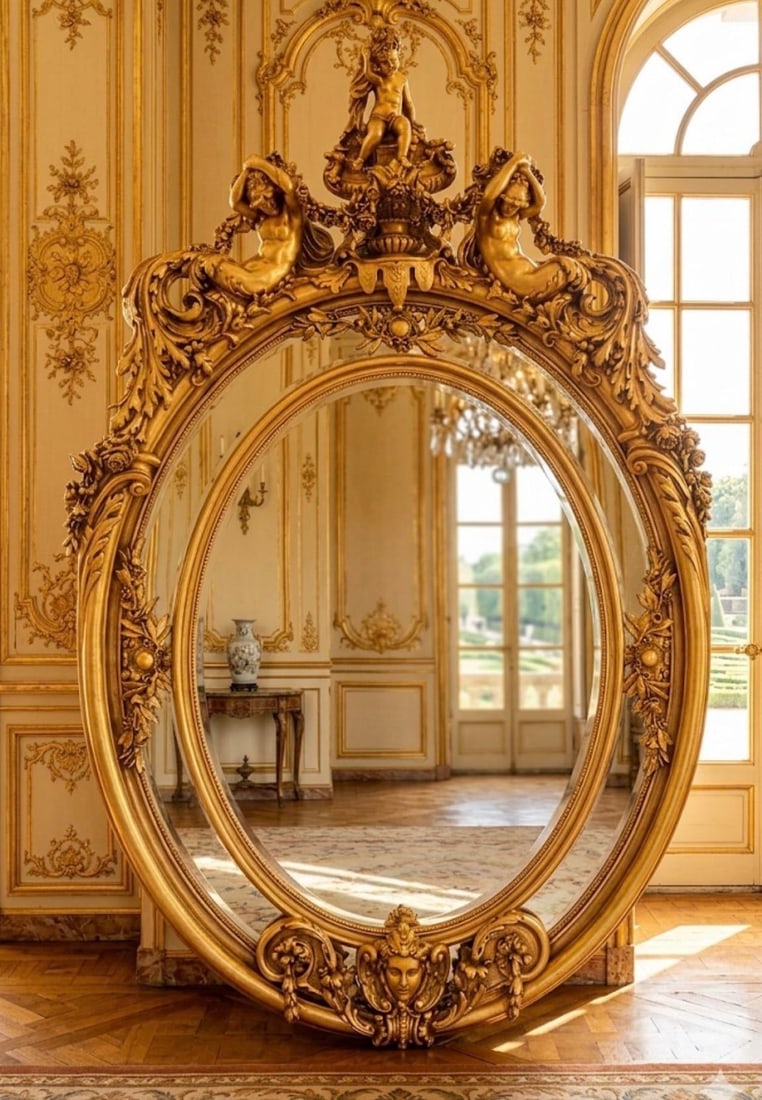 1960s Huge 7 Feet 11 Oval Mirror in Gold Leaf - 2