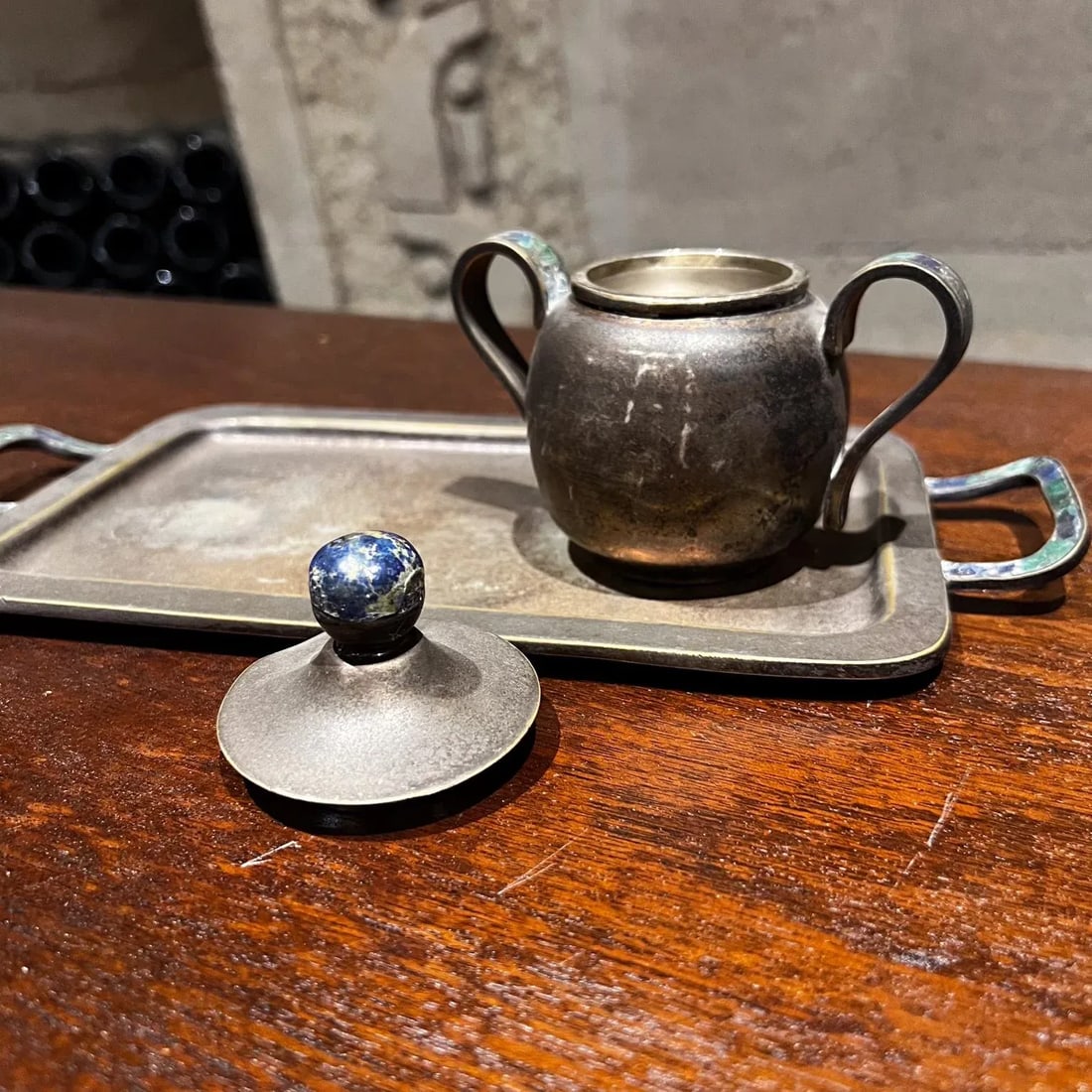 Los Castillo Modernist Silver Malachite Sugar Creamer Tray Set Mosaico Azteca - 12