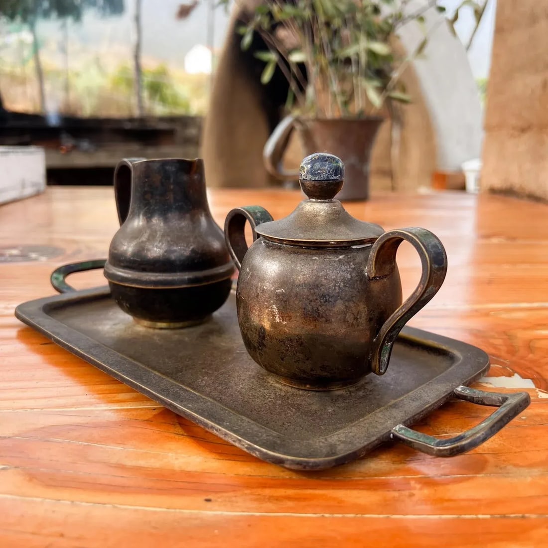 Los Castillo Modernist Silver Malachite Sugar Creamer Tray Set Mosaico Azteca - 13