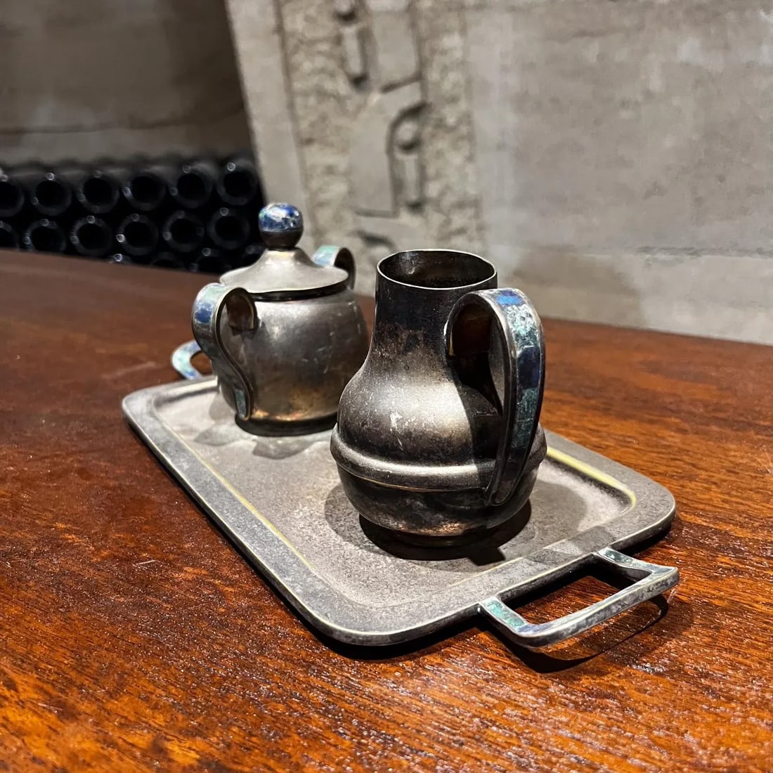 Los Castillo Modernist Silver Malachite Sugar Creamer Tray Set Mosaico Azteca - 2