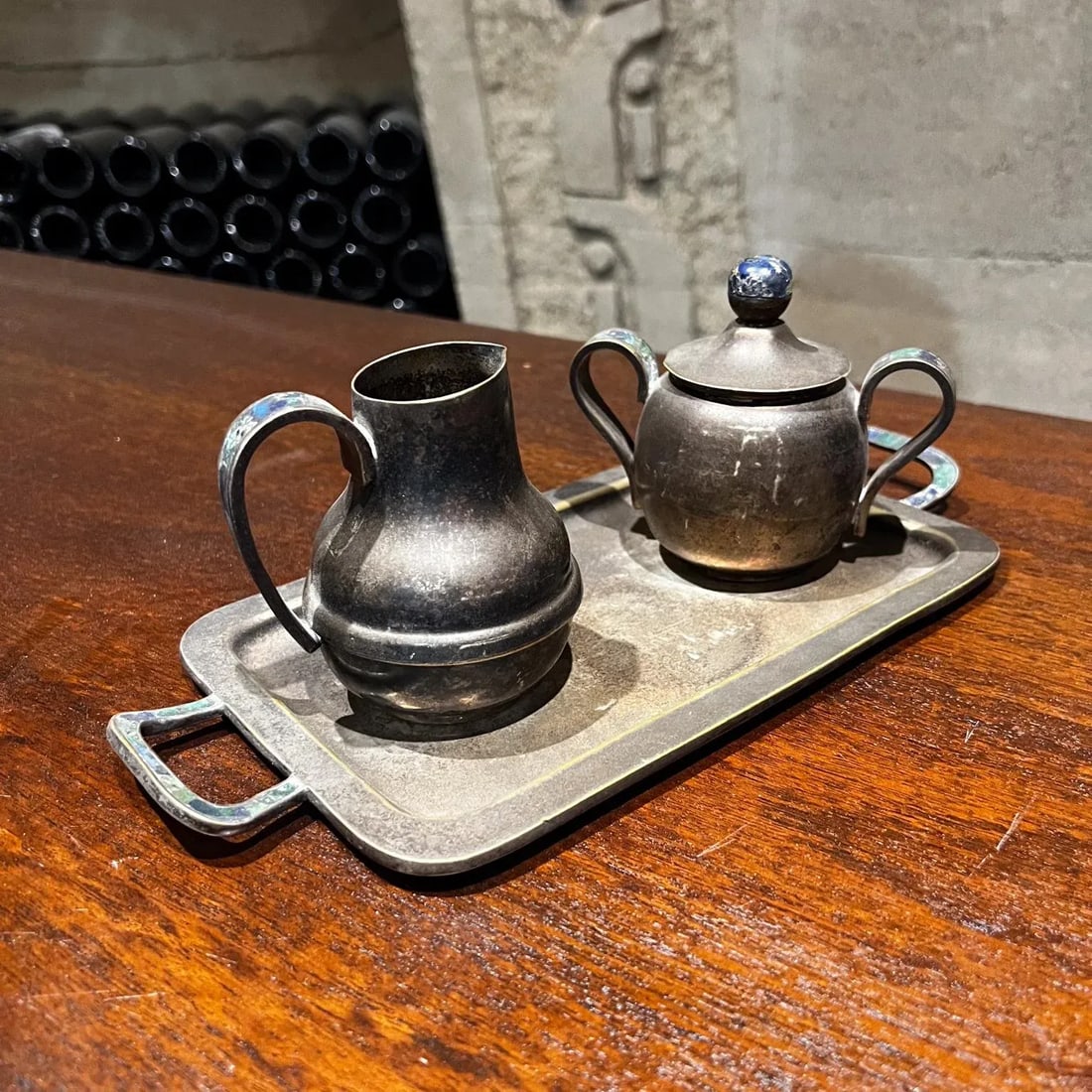 Los Castillo Modernist Silver Malachite Sugar Creamer Tray Set Mosaico Azteca - 3