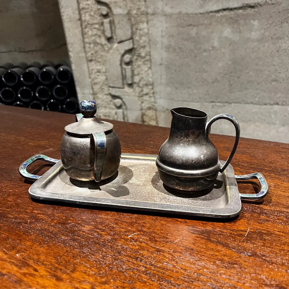 Los Castillo Modernist Silver Malachite Sugar Creamer Tray Set Mosaico Azteca - 4