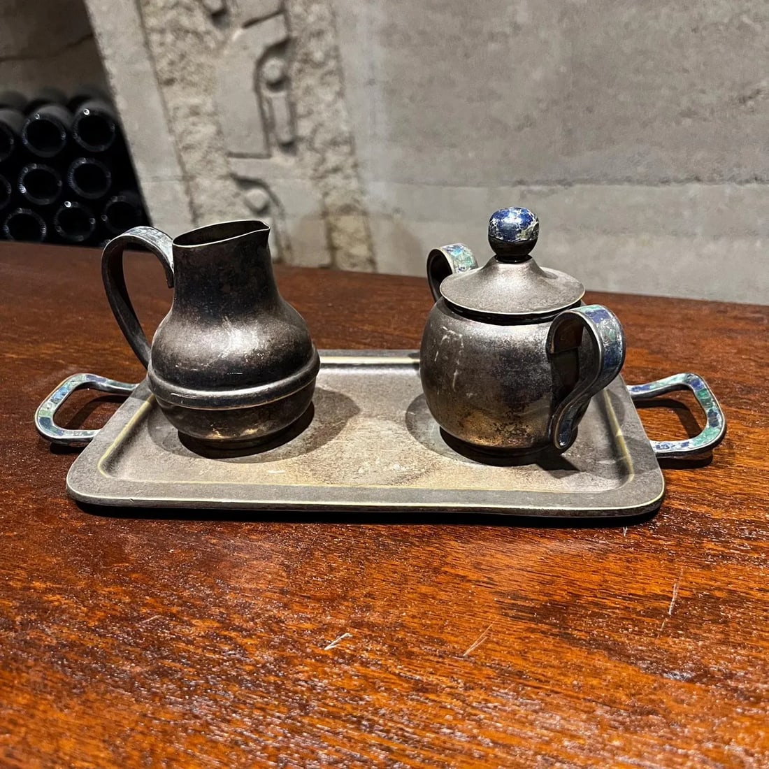 Los Castillo Modernist Silver Malachite Sugar Creamer Tray Set Mosaico Azteca - 5