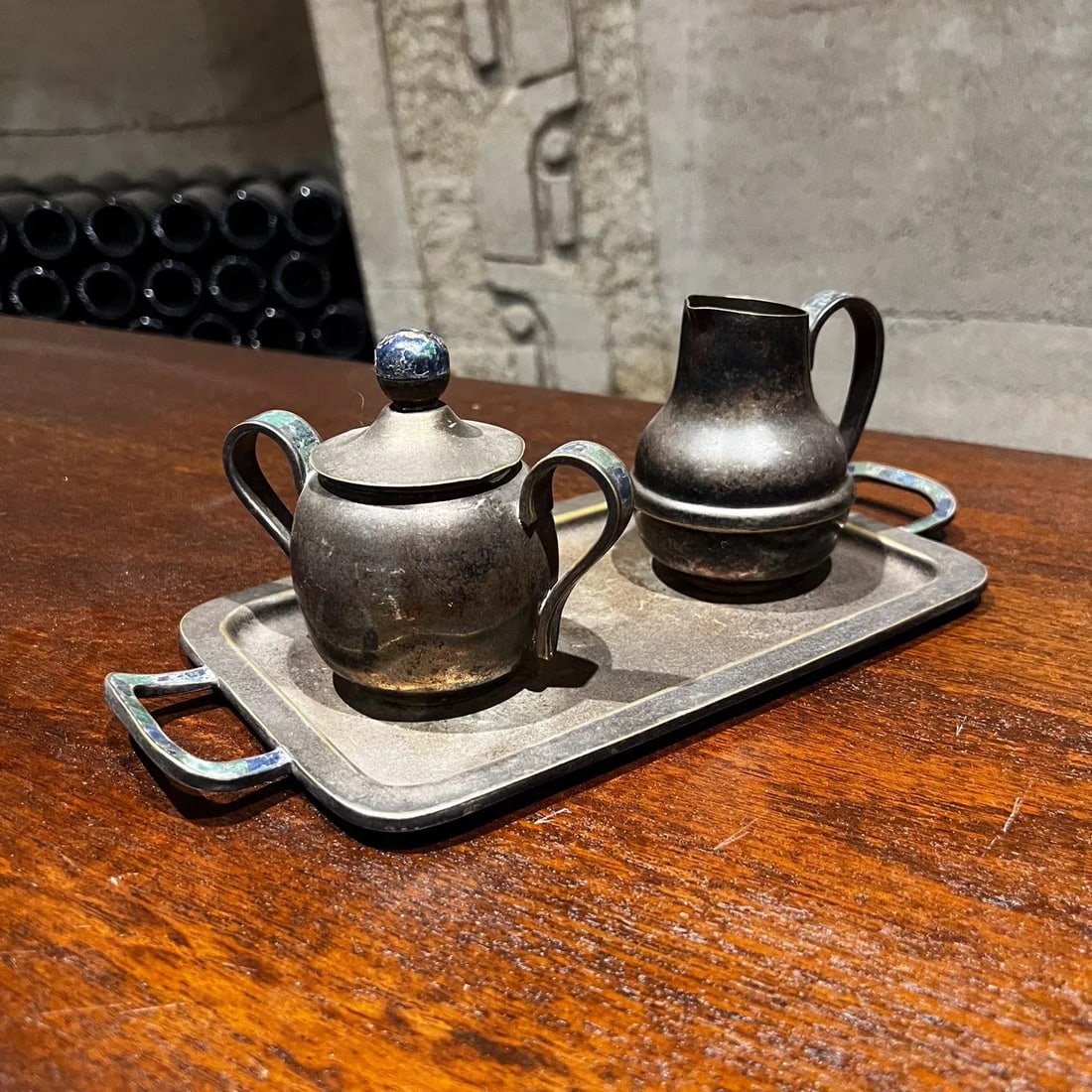 Los Castillo Modernist Silver Malachite Sugar Creamer Tray Set Mosaico Azteca - 6