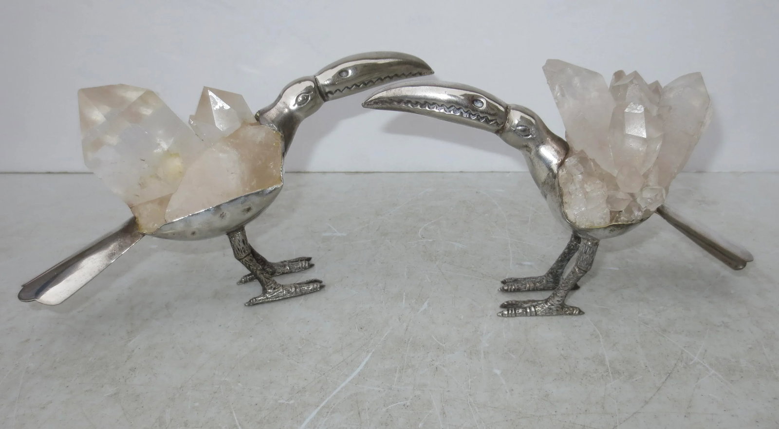 Gerson Brazilian Rock Crystal and Silvered Brass Toucans -A Pair of 2 - 7