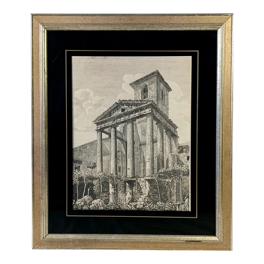 Giovanni Piranesi's "The Temple of Hercules" Engraving, Framed: The Temple of Hercules Is the only surviving sacred structure in ancient Rome that was made of Greek marble. Located in on the eastern bank of Tiber, it is one of the oldest extant buildings in the