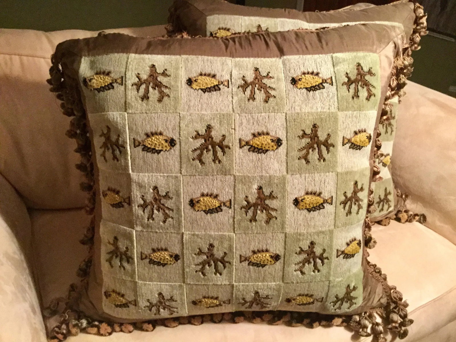 Custom Tailored Beachy Silk Tassel Trim Tapestry Pillows - a Pair - 3