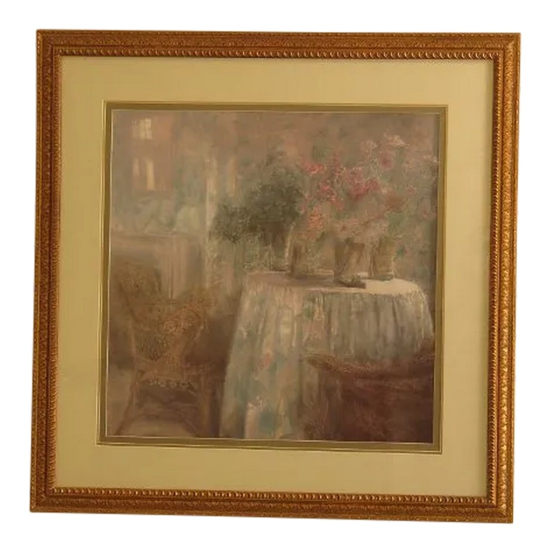 1990s Gold Framed Decorative Room Scene Print: Approx: 25 Years Old High Quality Construction Triple Matted w. Gold Trim Professionally Framed & Matted Glass Front Offered @ Fraction Original Retail Cost Condition: Excellent Original Finish &
