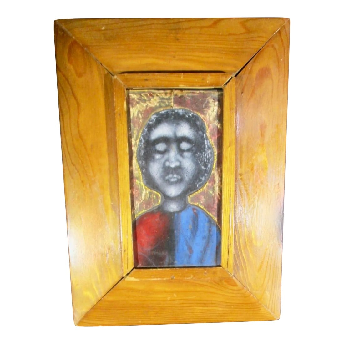 Mid-Century Enamel Figure Framed Circa 1960s': Mid-20th century enamel on copper artwork. American-made and circa 1960s. A somewhat symbolist presence in mediation or prayer, presented in the classical form of Icons. In the original period frame,