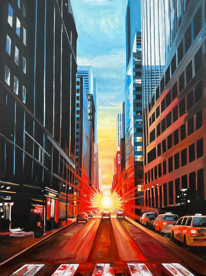 Manhattan Henge New York City Dramatic Sunset - Unique Original Cityscape Art by British Contemporar: Manhattan Henge New York City Dramatic Sunset by British Urban Landscape Artist, Angela Wakefield. Painted using strong blue, red and yellow primary colours, this striking original forms part of her